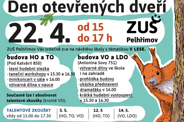 Den otevřených dveří 22. 4. 2026 od 15 do 17 h obě budovy ZUŠ