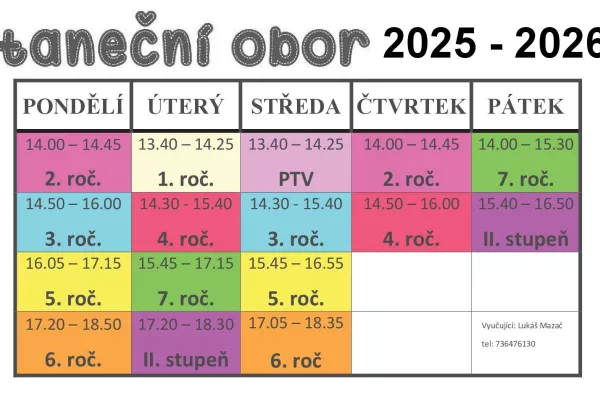 ROZVRH HODIN 2025 - 2026 TANEČNÍHO OBORU