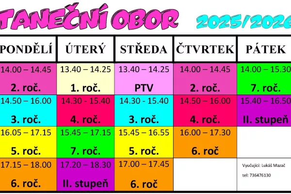 ROZVRH HODIN 2025 - 2026 TANEČNÍHO OBORU